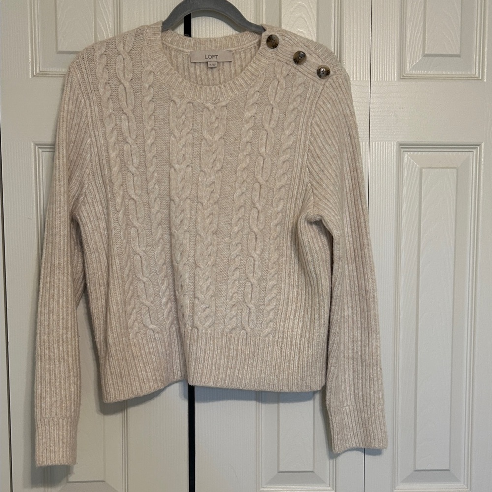 LOFT Women's Beige Cable Knit Sweater with Button Accents